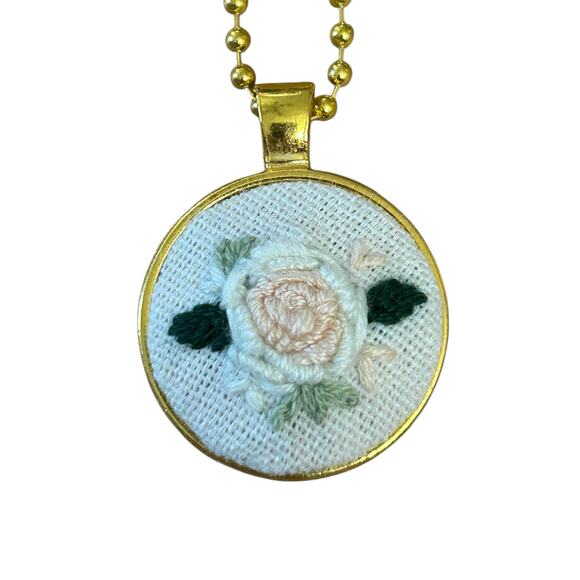 Light Pink Rose in Goldtone Bezel Embroidery Necklace - Picture 1 of 4